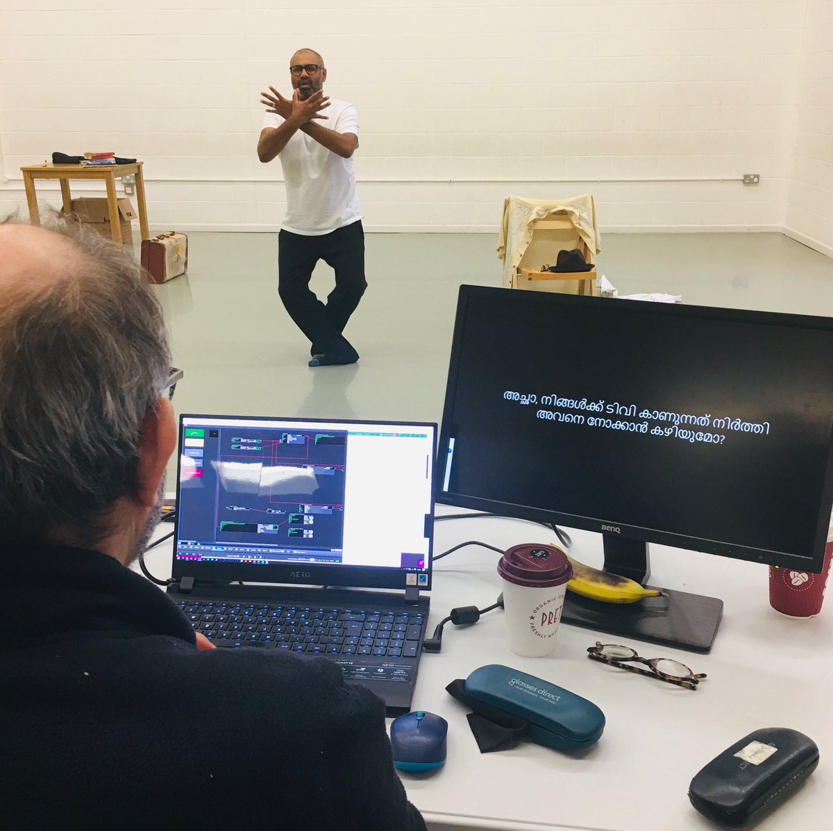 Every performance of Fatherhood includes integral captions created by filmmaker @MarkMorreau to translate the spoken and signed languages in the show as well as describe sounds for Deaf and hard of hearing audiences. #access #accessibility #deaf #captions