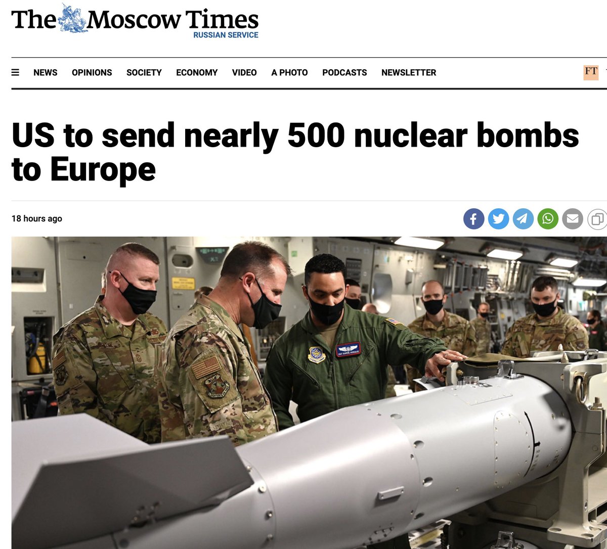 Misinformation from Moscow Times says US is about to send nearly 500 nuclear bombs to Europe. That is wrong and my article (fas.org/blogs/security…) doesn’t say that. “Nearly 500” is the total number of B61-12 to be produced; about 100 of those will go to bases in Europe.