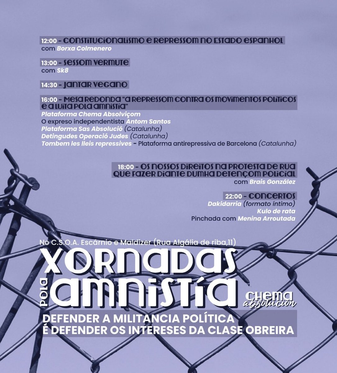 Nun contexto de auxe da criminalización da protesta no Estado español resultan imprescindíbeis Xornadas pola Amnistía como a que se vai celebrar en Compostela este sábado no CSOA Escarnio e Maldizer.
Solidariedade coas que loitan! <a href="/absolucionchema/">Chema Absolución</a>