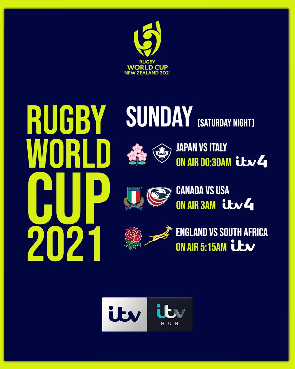 Another stacked weekend of <a href="/rugbyworldcup/">Rugby World Cup</a> coming at you with some mouth-watering clashes 🤤

Join us on Saturday and Sunday for the final round of pool games on <a href="/ITV/">ITV</a> and ITV4 👇

#RWC2021