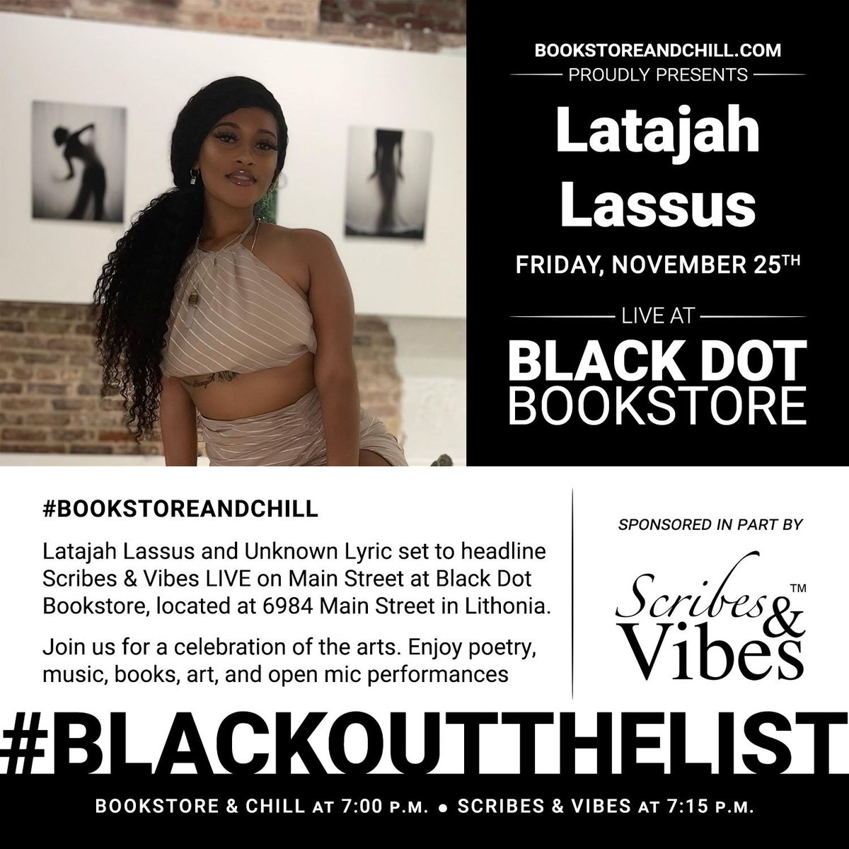 liveonmain's tweet photo. #REIMAGINEYOURBOOKSTORE! #LatajahLassus &amp; #UnknownLyric set to headline #scribesandvibes #LIVEonMainStreet at #BlackDotCulturalCenter on 11.25.22 at 11:00 a.m. | #blackfridaycelebration #bookstoreandchill #blackbookstoretour #liveonmain #blackoutthelist • https://t.co/Jfq5b9edZ8 https://t.co/qsImwjWvoN