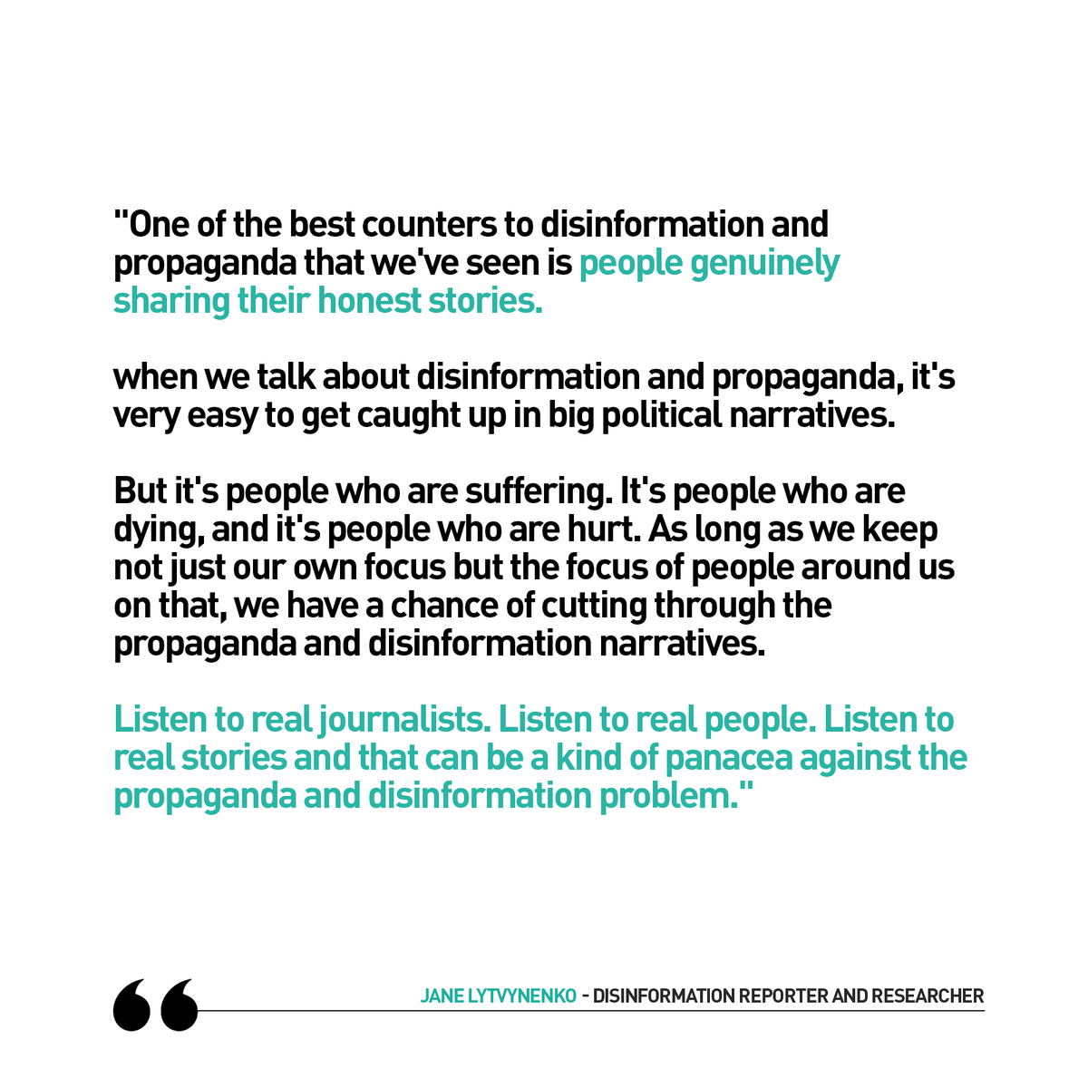 Media_Checker's tweet photo. "One of the best counters to disinformation and propaganda that we've seen is people genuinely sharing their honest stories." - @JaneLytv in conversation with Mediachecker about countering disinformation. https://t.co/52N0FJJFl8