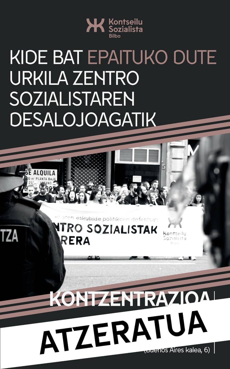 Kontseilua_Bilb's tweet photo. 🔴 EPAIKETA ATZERATUA

Urkila Zentro Sozialistaren desalojoagatik bihar egitekoa zen epaiketa atzeratu dute. Ondorioz, bihar goizerako deituta genuen kontzentrazioa ez da egingo.

Absoluzioa kidearentzat! Zentro Sozialistak aurrera! https://t.co/L2v2maaMb5