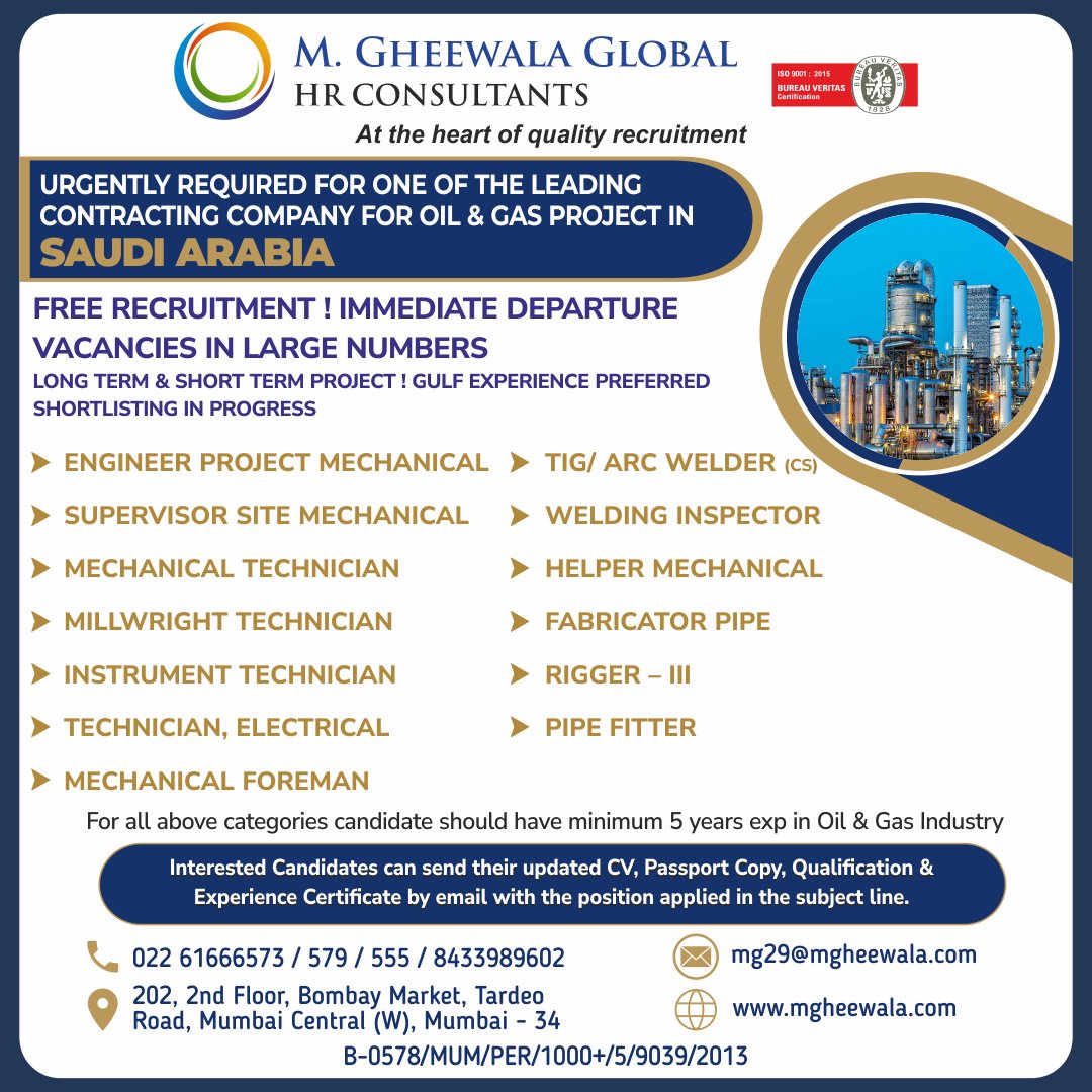 mgheewala_hrc's tweet photo. Job Vacancies for #SaudiArabia
Interested Candidates can send the updated resume to mg29@mgheewala.com
Learn More https://t.co/Ps4bxvjpD1
#engineer #projectengineer #projectmechanic #sitesupervisor #millwrighttechnician #weldinginspector #foreman #technician #welder #saudijobs https://t.co/wyAJgdOEPR