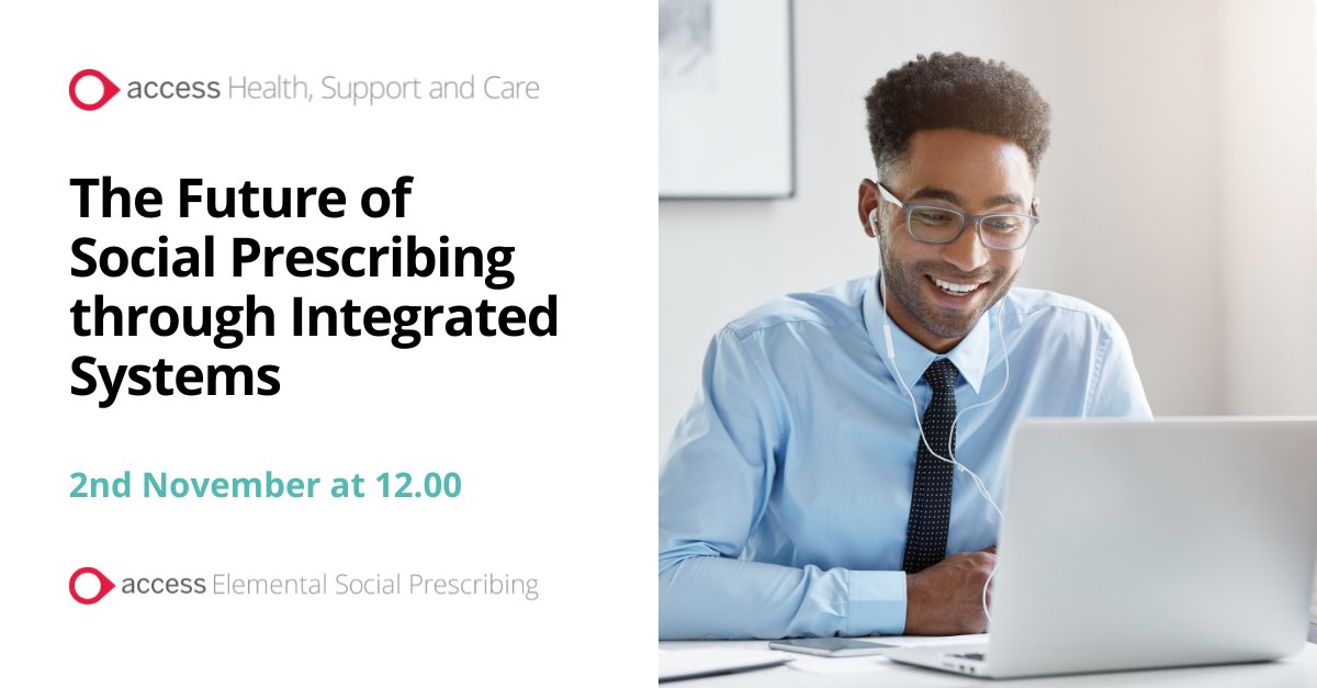 AccessElemental's tweet photo. We will be hosting our Elemental Open Lounge 'The Future of Social Prescribing through Integrated Systems' on Wednesday 2nd November.

Join us for the webinar from 12:00 to 13:00. You can sign up at https://t.co/bpdvPEvuyE https://t.co/uRyFY1QaWd