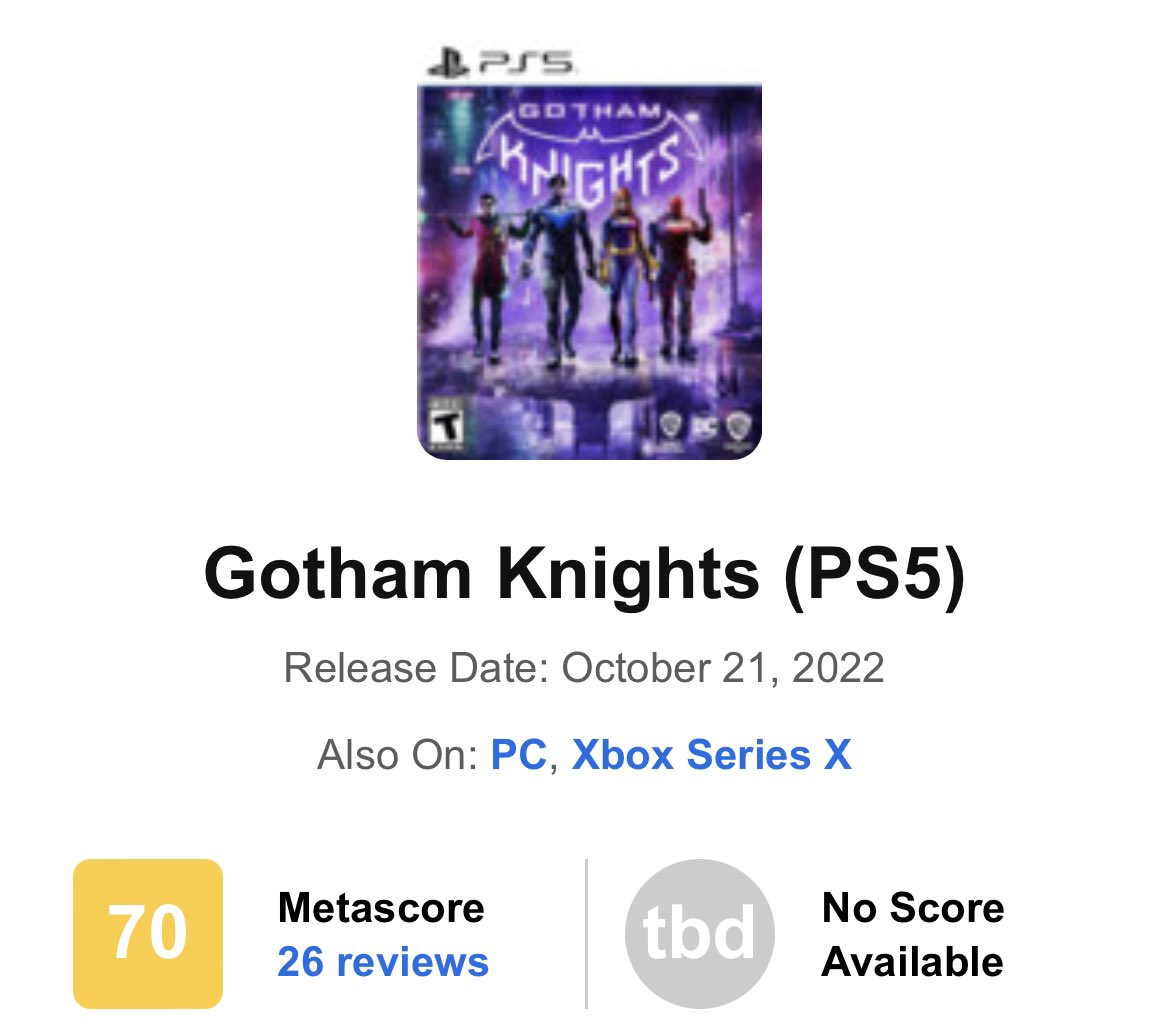 RT @GermanStrands: Gotham Knights with 70 on Metacritic right now. #PS5 

https://t.co/621568fniX https://t.co/r4OGHcd4qI