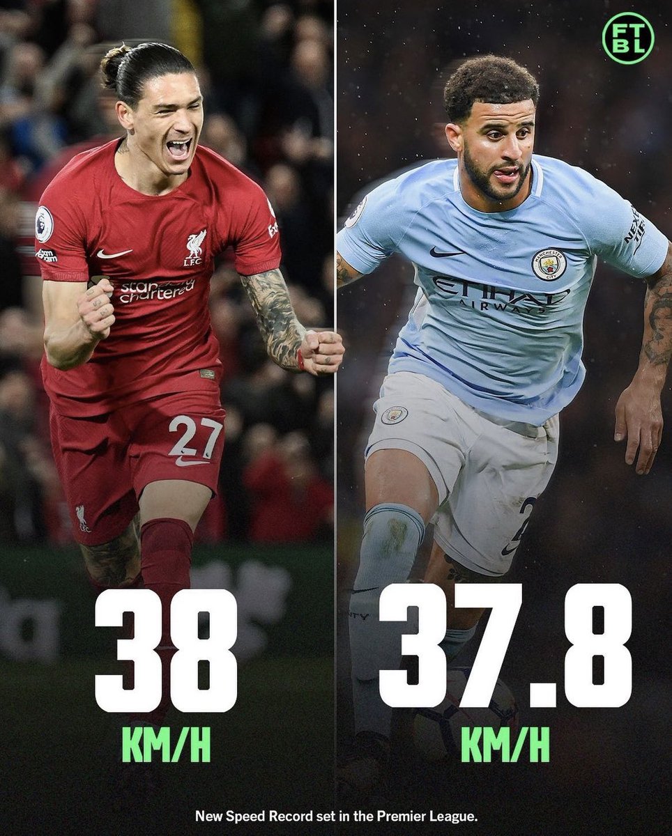 ftblofficial's tweet photo. Darwin Nunez is now the FASTEST player to ever play in the Premier League surpassing Kyle Walker’s record in June 2020 💨⚡️ https://t.co/aIsbHVAlL2