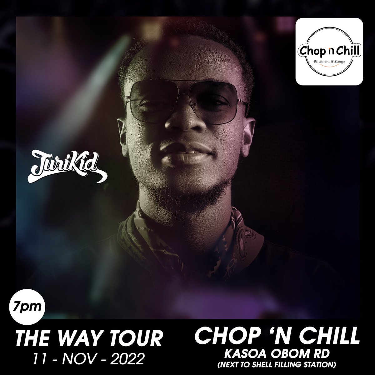 Jurikid's tweet photo. Confirmed!

Chop ‘N Chill (Kasoa) will be hosting your boy on 11th November 2022. 😍😍😍 Can’t wait to see the homies 👊🏽 Home sweet home. 

#theWAYtour #ShareJURIKID #Survive https://t.co/H9zjzdOTXN