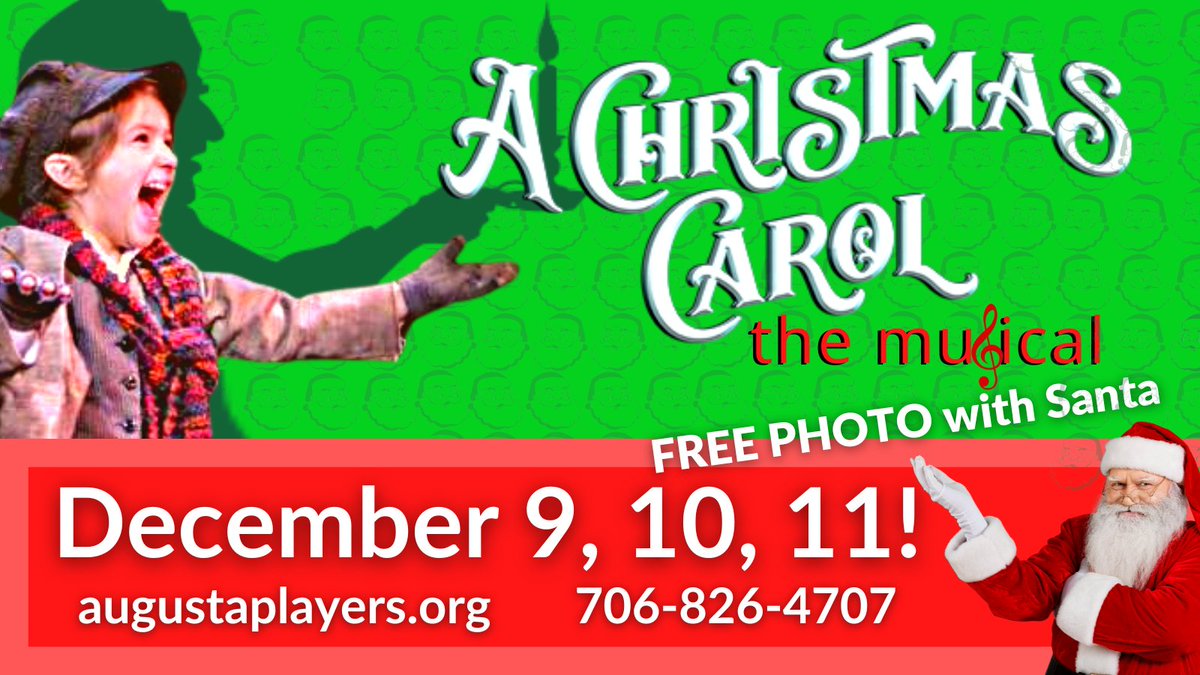 ScottSeidl's tweet photo. GRAB THEM WHILE YOU CAN!
FREE PHOTO WITH SANTA included!
Tickets for A CHRISTMAS CAROL, The Musical 
are on sale and going fast! 
Go to https://t.co/SqZFeO6I5w OR
call 706-826-4707 to get your seats today performances Dec 9, 10 &amp; 11 
Presented by The Augusta Players https://t.co/Kj67LWz7Lk