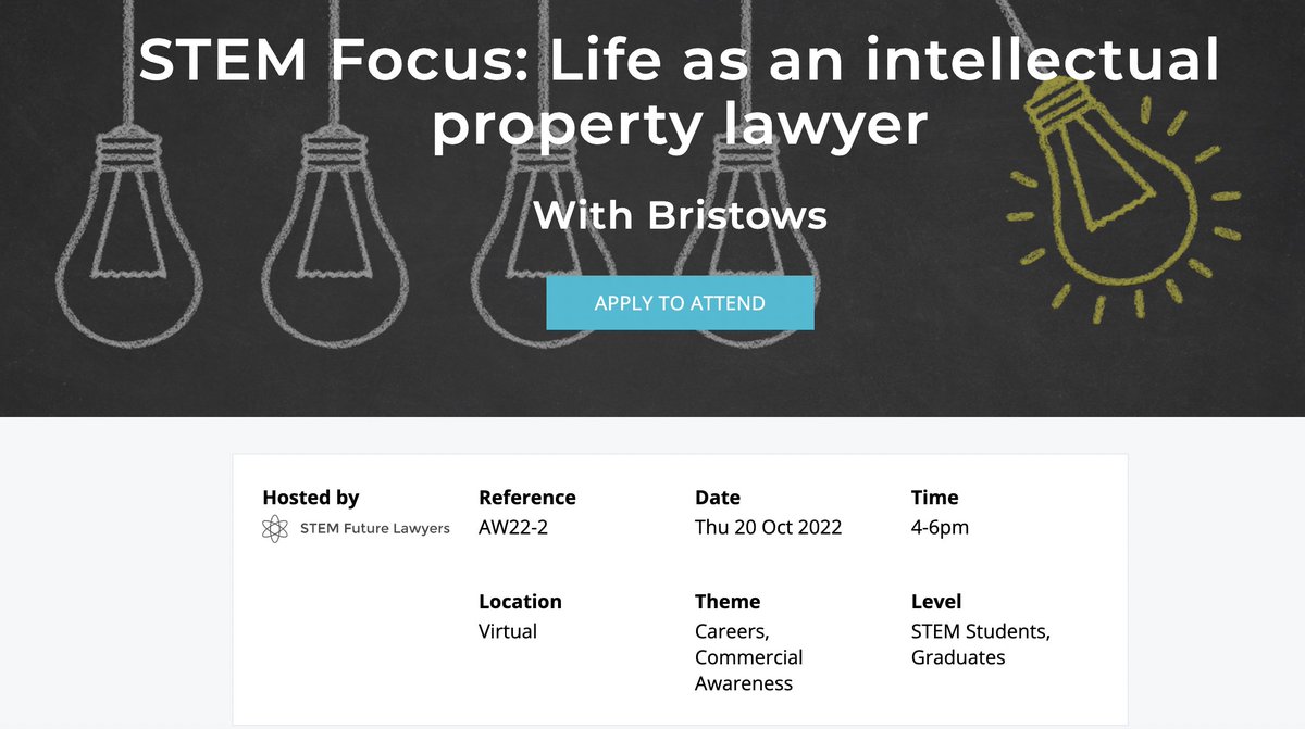 stemlawyers's tweet photo. We're getting excited for TODAY's virtual student event: 'STEM Focus: Life as an intellectual property lawyer – with @BristowsGrad 
There are still a few places available for this event, follow the link below to sign up! https://t.co/Og3IINdDv8 https://t.co/B6XidJyWRm