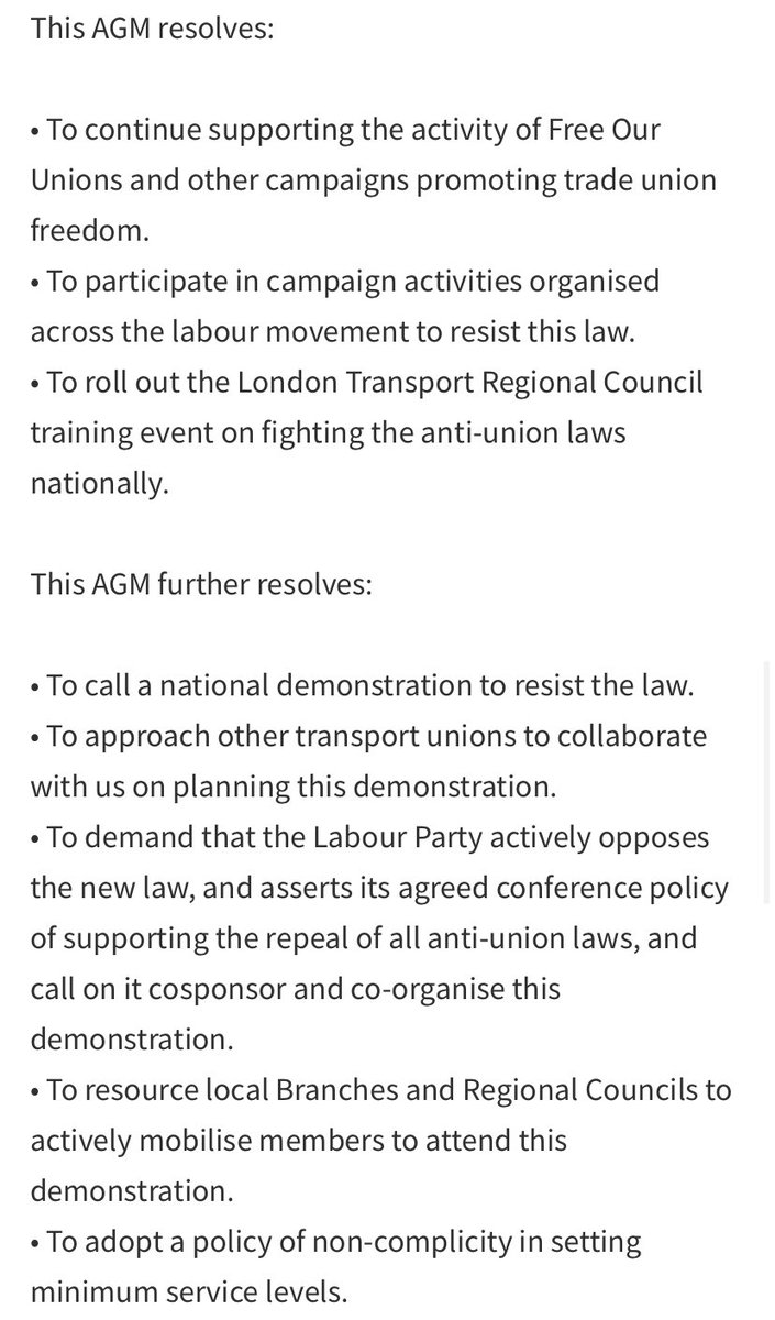 Here’s the policy @RMTunion passed at our 2021 AGM, submitted by our branch, in response to the Tories’ manifesto commitment to impose minimum service levels during transport strikes. Our union will never be complicit in forcing members to break their own strikes.