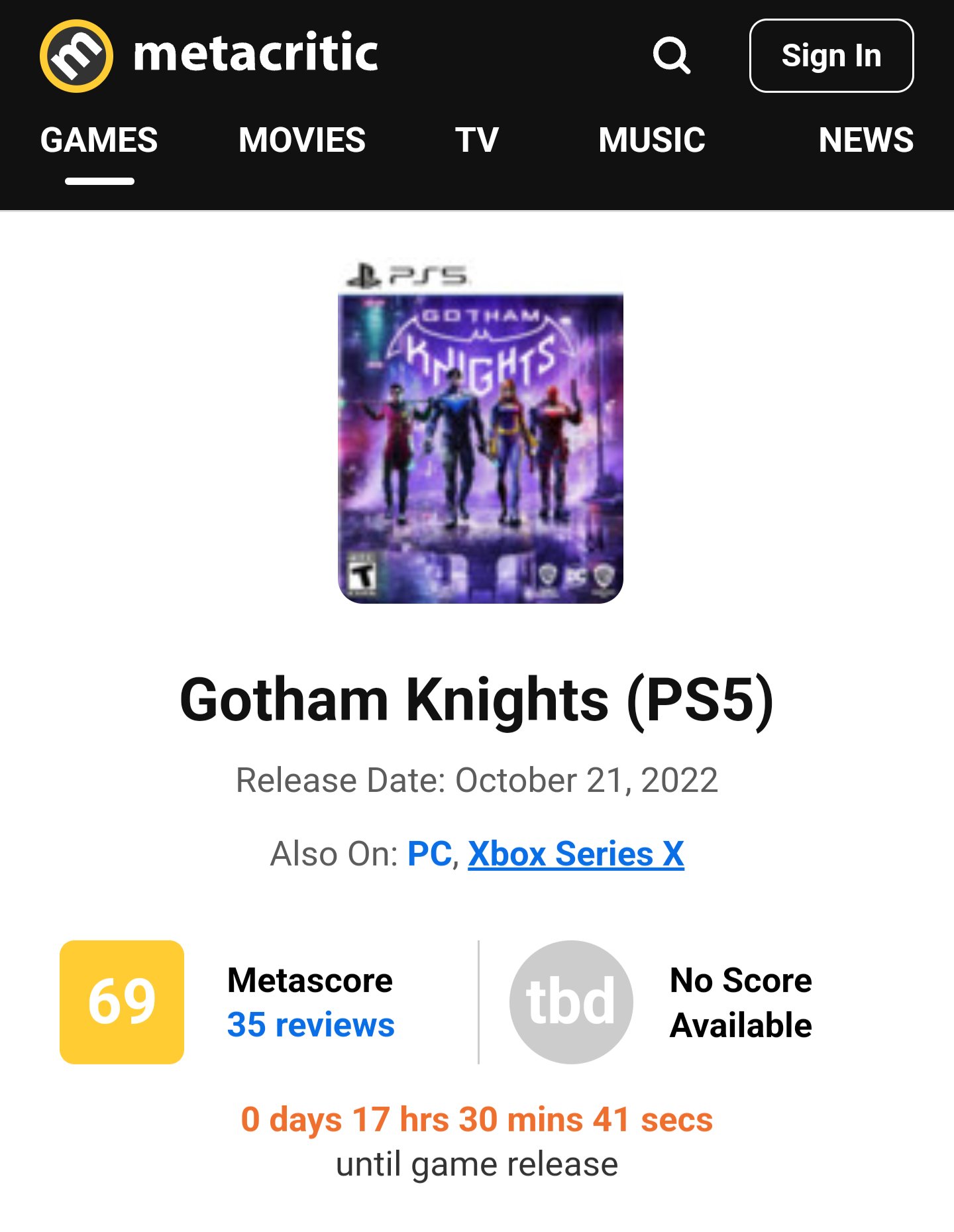 metacritic on X: Gotham Knights (Metascore Updates) [PS5 - 69]   [XSX - 68]  [PC - 67]   Strong character work and a well-considered co-op  experience can't save all that ails