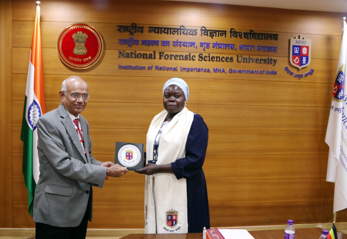 NFSU_Official's tweet photo. A Uganda delegation led by Hon. Minister of State for Defence &amp; Veteran Affairs, Ms. Oleru Huda Abason, and comprising Dy. High Comm. of Uganda, Dy. Cdr of Land Forces and other members, visited various centres of NFSU and held discussion with Dr. J.M. Vyas, VC on 19 Oct 22. https://t.co/XXukFh0IHN