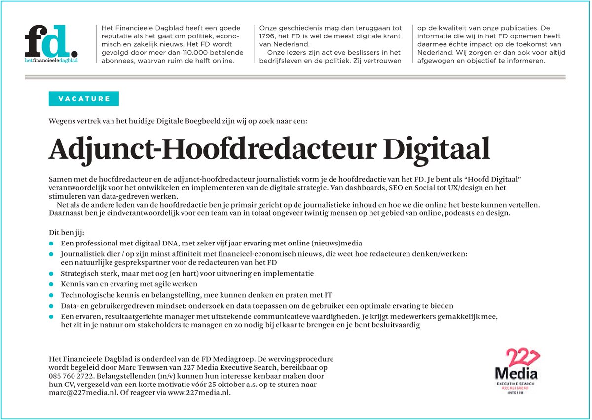 227Media's tweet image. Digitaal strateeg gezocht met roots in nieuws-journalistiek #vacature