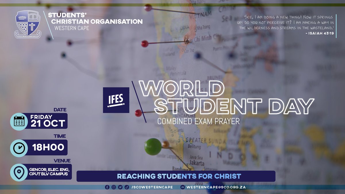 SCOWesternCape's tweet photo. THIS FRIDAY: We're praying for the work of student ministry - students at large and the campus - from exams to campus security, everything that needs prayer on your university &amp; the campuses represented through @SCOSouthAfrica nationally + @ifesworld globally!
#ifeswsd https://t.co/3BG5w11ND8