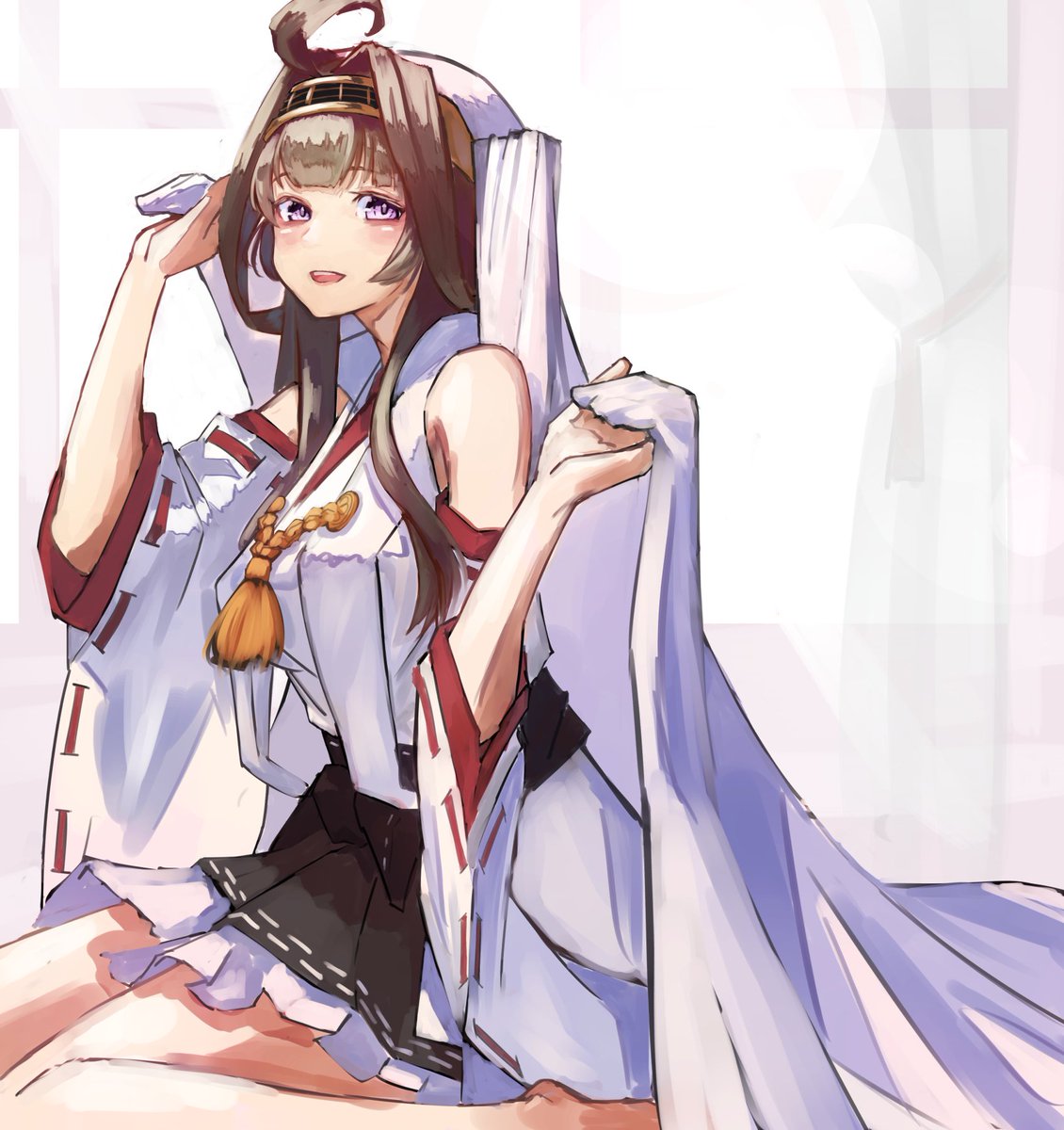 kongou (kancolle) ,kongou kai ni (kancolle) 1girl solo long hair ahoge brown hair skirt japanese clothes  illustration images