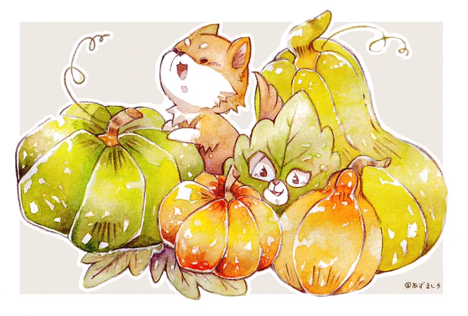 #イラストを4枚貼ると秋風に乗って絵柄を好いてくれる人の元へ届くらしいカボチャ、さつまいも、金木犀の秋づくしイラスト絵柄好きな人に届くといいな 