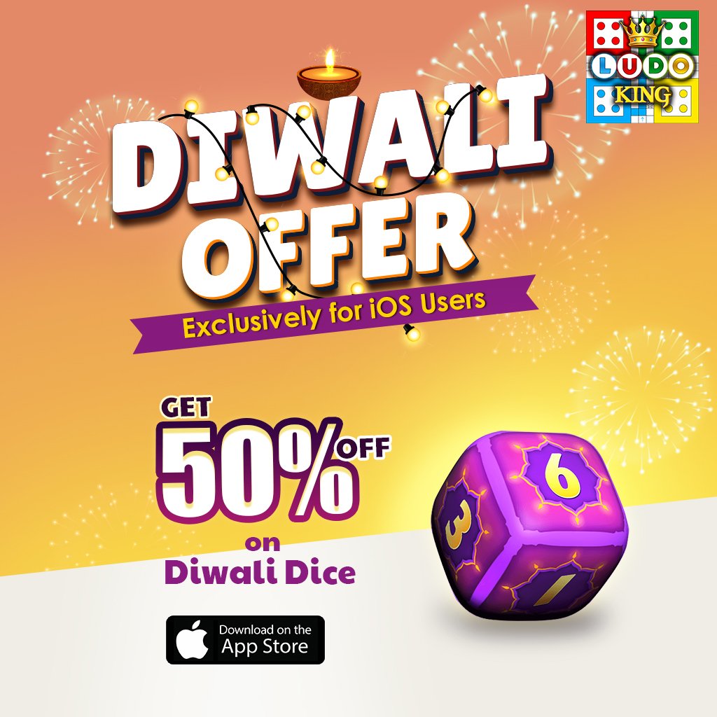 LudoKingGame's tweet photo. An exciting deal for Ludo King @AppStore fans 🥳
Get 50% off on Ludo King Diwali Dice 🎲 exclusively for iOS users! 
📣Hurry up, unlock now! 
https://t.co/agyoxmIzyB 

#Diwali #DiwaliOffers #LudoKing #Ludo #boardgames #ludokingoffers #LudoKingGame #Iosusers https://t.co/NQDdzyiUx9