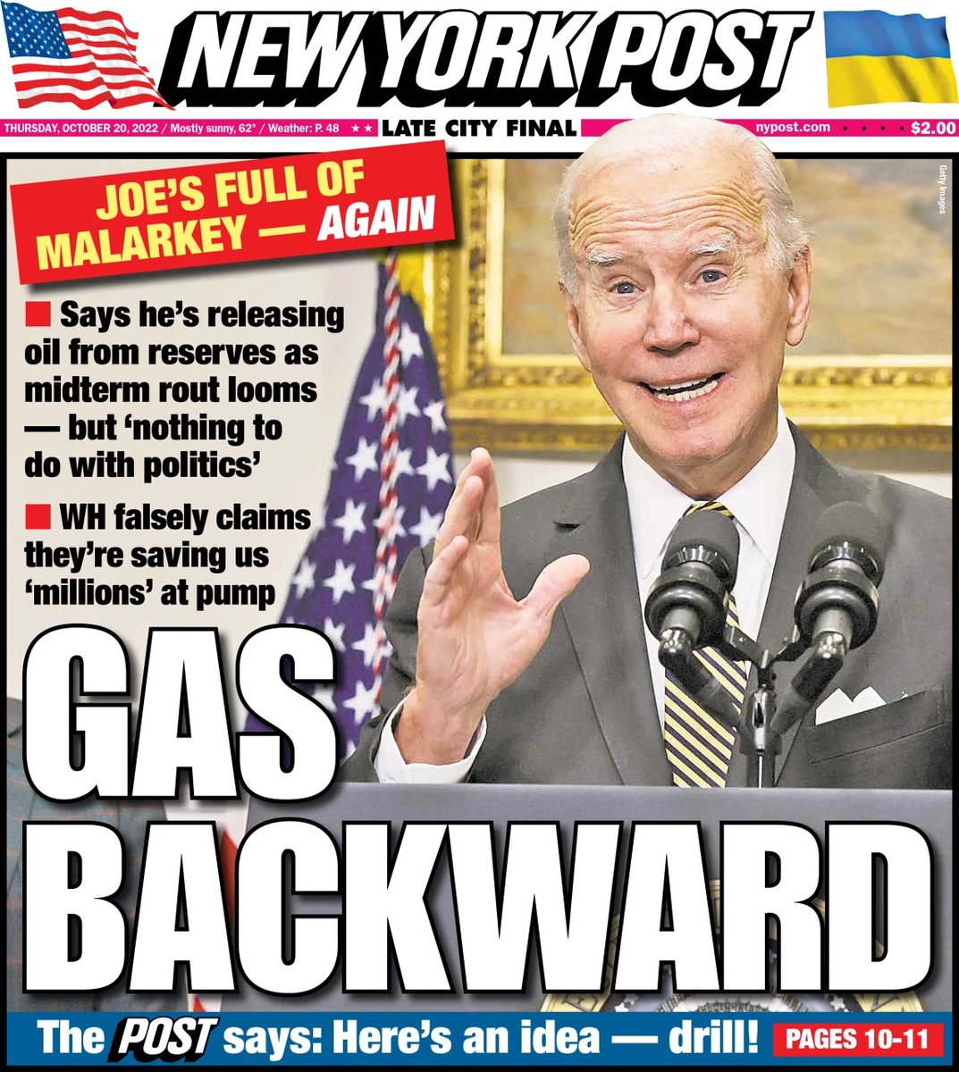 nypost's tweet photo. Today's cover: Biden releases 15 million barrels from oil reserve as critics slam it as midterm ploy https://t.co/LsQi3H45aX https://t.co/hEPFMoJDD8