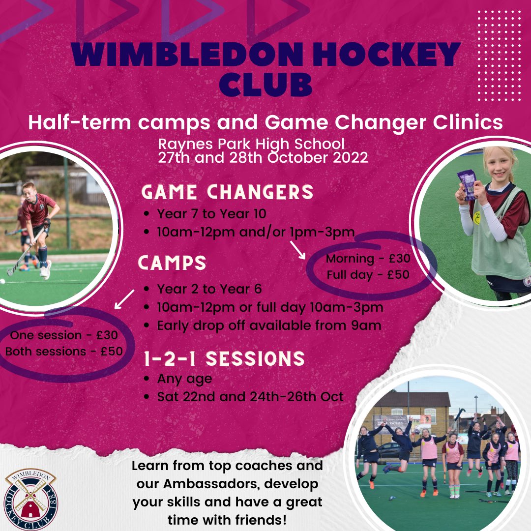 WimbledonHC's tweet photo. Book onto our half-term Camps, Game Changer Clinics and 1-2-1 sessions next week. A great way to get outside and be active in half-term as well as developing your hockey and having lots of fun!

All can be booked via the link below ⬇️ 
https://t.co/v8lH7letTt https://t.co/z2kd0htxj0