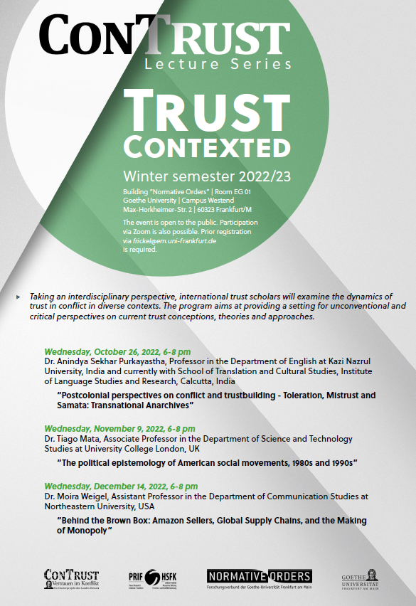 Finally, the first lecture of our ConTrust ECRs Lecture Series is approaching! Thrilled to have Dr. Anindya Sekhar talking about Postcolonial perspectives on conflict and trust. Join us! Next Wed. Oct. 26 at 18:00 at @NormativeOrders