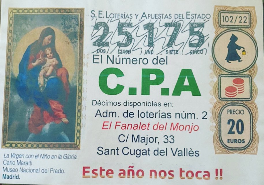 Como cada año ya tenéis disponible en la administración de la calle mayor el número de lotería del CPA . Que tengamos suerte!!!!