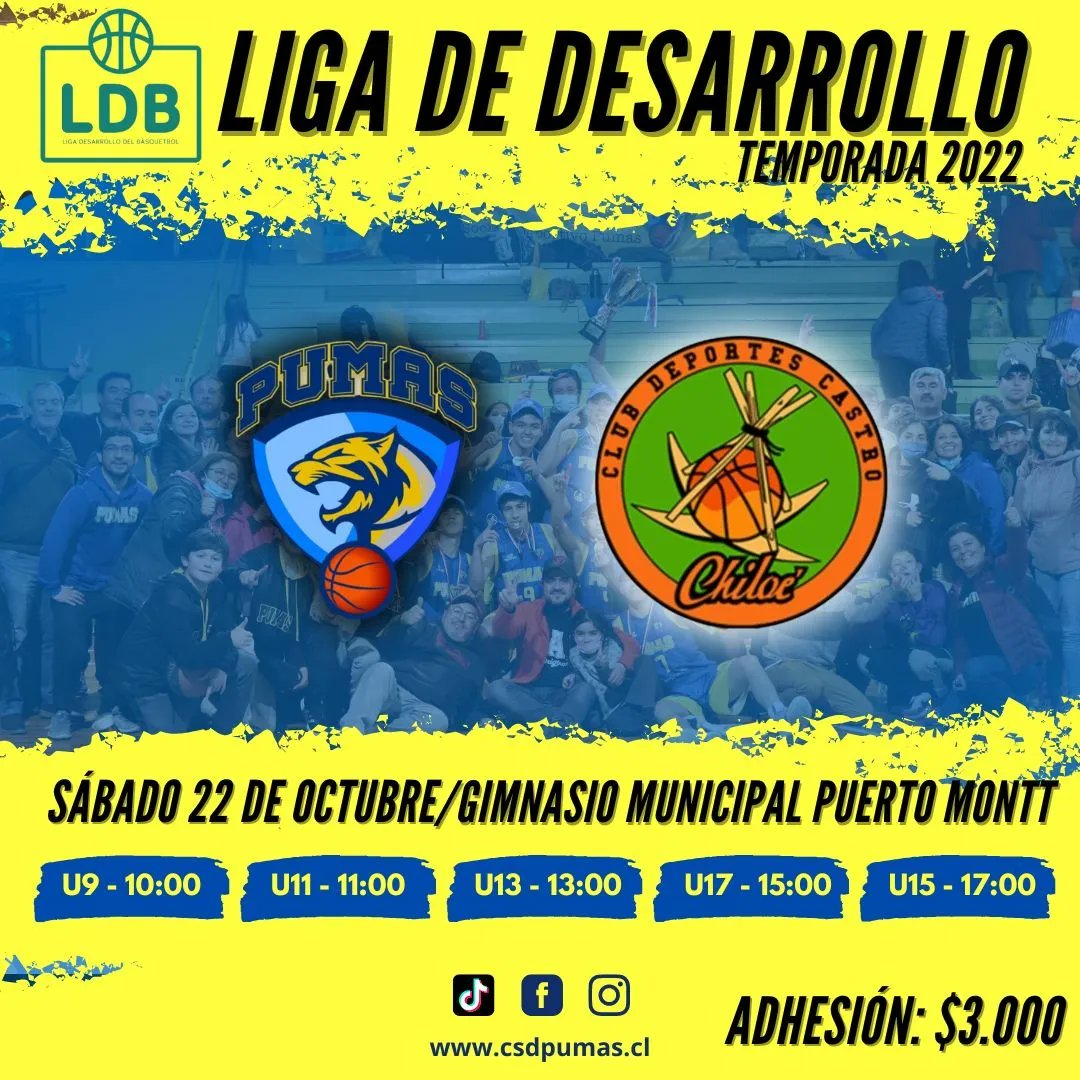¡Este sábado 22 de octubre, todos invitados al Gimnasio Municipal de Puerto Montt!

Nos enfrentamos a @clubdeportescastro  desde la categoría U9 hasta la U17 🏀

#VamosPumas 
#VamosPuertoMontt 
#PuertoMontt