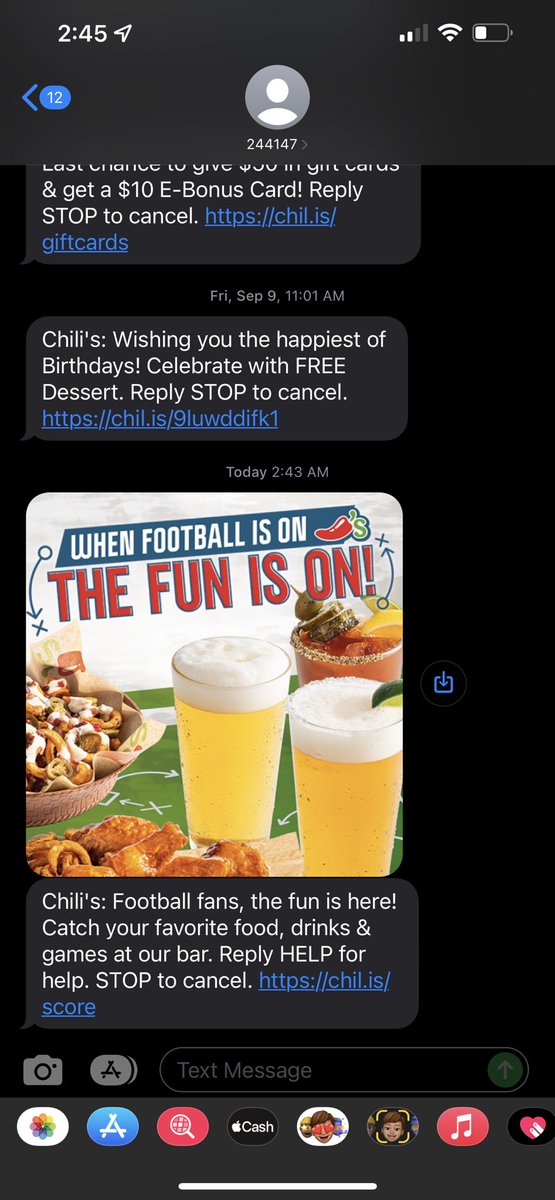 Id like to thank <a href="/Chilis/">Chili's Grill & Bar</a> for this 245 am text that woke me up and kept me up for the remainder of the night. Who needs sleep?