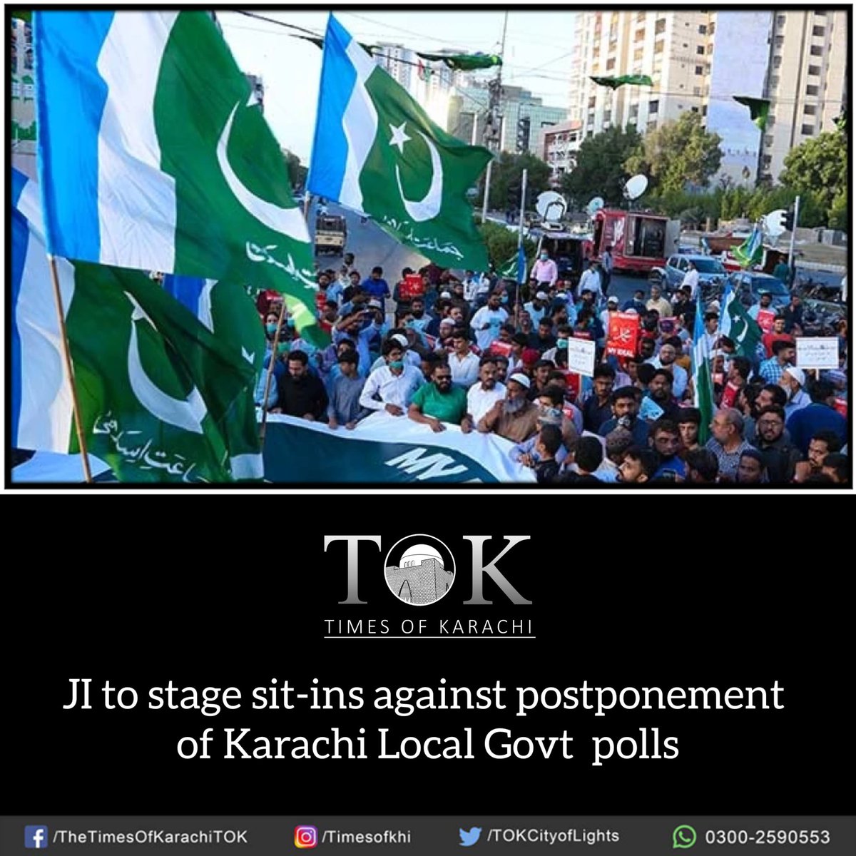 JUST IN: Jamaat-e-Islami (JI) has announced to hold sit-ins in different parts of Karachi today against the postponement of #Karachi Local Government (LG) polls for the third time. #TOKAlert