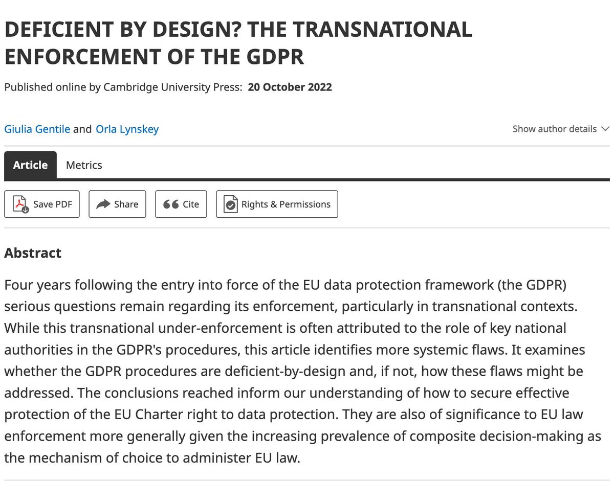 @lynskeyo and I wanted to make sense of the enforcement issues affecting the #GDPR in transnational settings, especially under the #cooperation and #consistency mechanisms. Is the GDPR cross-border under-enforcement a consequence of the GDPR’s #design? Our answer is: 'Yes & no'🧵