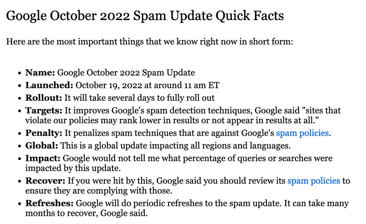 Google October 2022 spam update quick facts - for more details see seroundtable.com/google-october…