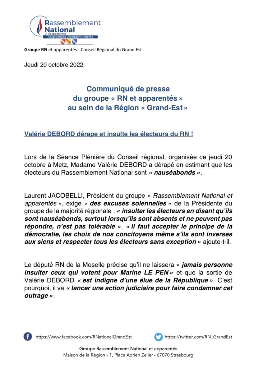 📝 Communiqué de presse
du groupe « RN et apparentés »
au sein de la Région « Grand-Est »

🔴 Valérie DEBORD dérape et insulte les électeurs du RN !