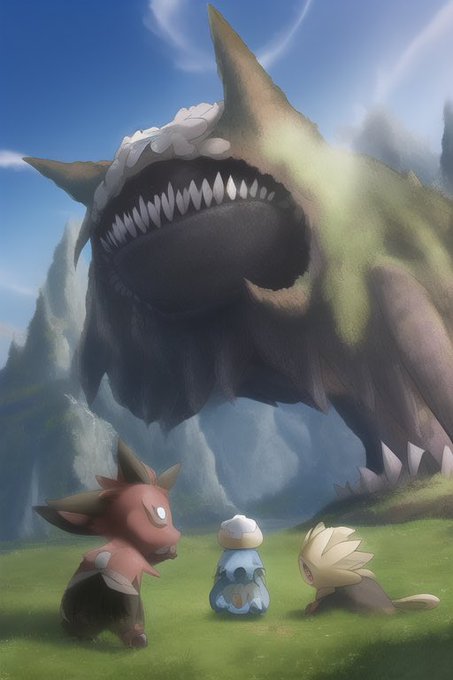 ポケモンとメイドインアビスからAIくんが錬成した、知らない新作RPGのコンセプトアートです。
 #NovelAI 