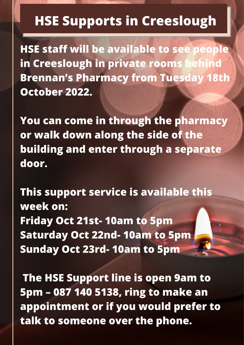 HSE staff will be available to see people in Creeslough in private rooms behind Brennan's Pharmacy on Friday, Saturday and Sunday this week from 10am to 5pm. The HSE Support line is open 9am to 5pm on 087 140 5138. See more information below: @HSELive @donegalcouncil