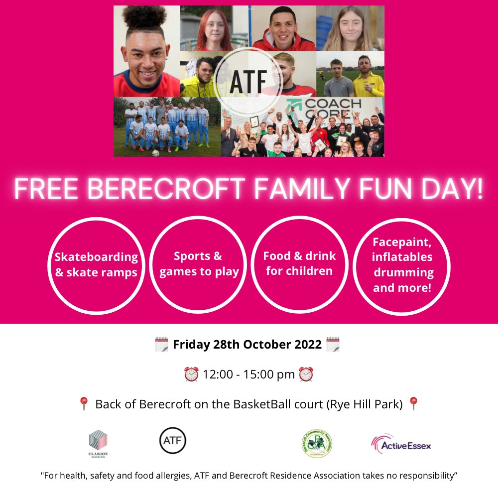 Looking for some fun during half term? 

Come along and join us at the Free Family Fun Day 

28th October / 12-3pm

Everyone from #Berecroft and #Harlow welcome!

@ActiveEssex @SouthendATF @berecroft @ClarionFutures @ChangingL1ves