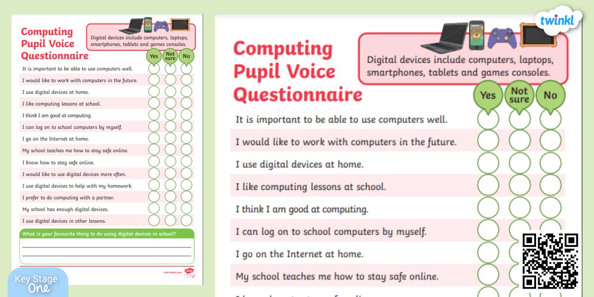 TwinklKS1's tweet image. 🆕This handy Computing Pupil Voice Questionnaire is great to collect & collate information to allow you to gain valuable insight into computing within classes and across the key stage.👨💻
👇
twinkl.co.uk/l/9bvtw
#KS1Computing #ComputingLead