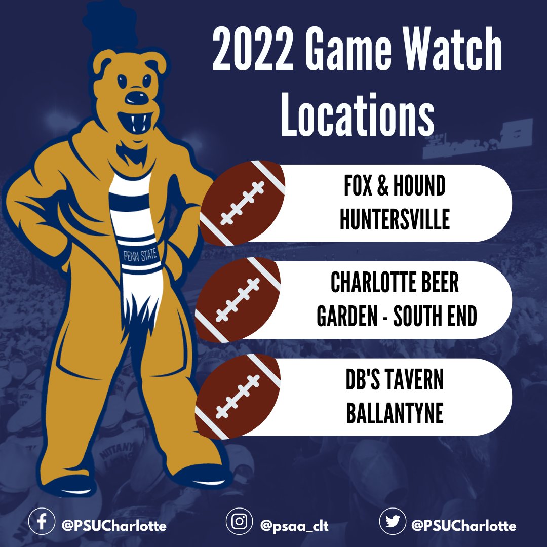 PSUCharlotte's tweet photo. Make sure you get out to one of our THREE watch locations here in the Charlotte area. WHITE OUT CONDITIONS in CLT as we support @PennStateFball for the 7:30pm kickoff on Saturday. Get there early for GREAT SEATS &amp; fun with other #NittanyLions fans. #WeAre #CFB #WhiteOut #PSU https://t.co/rG0N4AY7B1