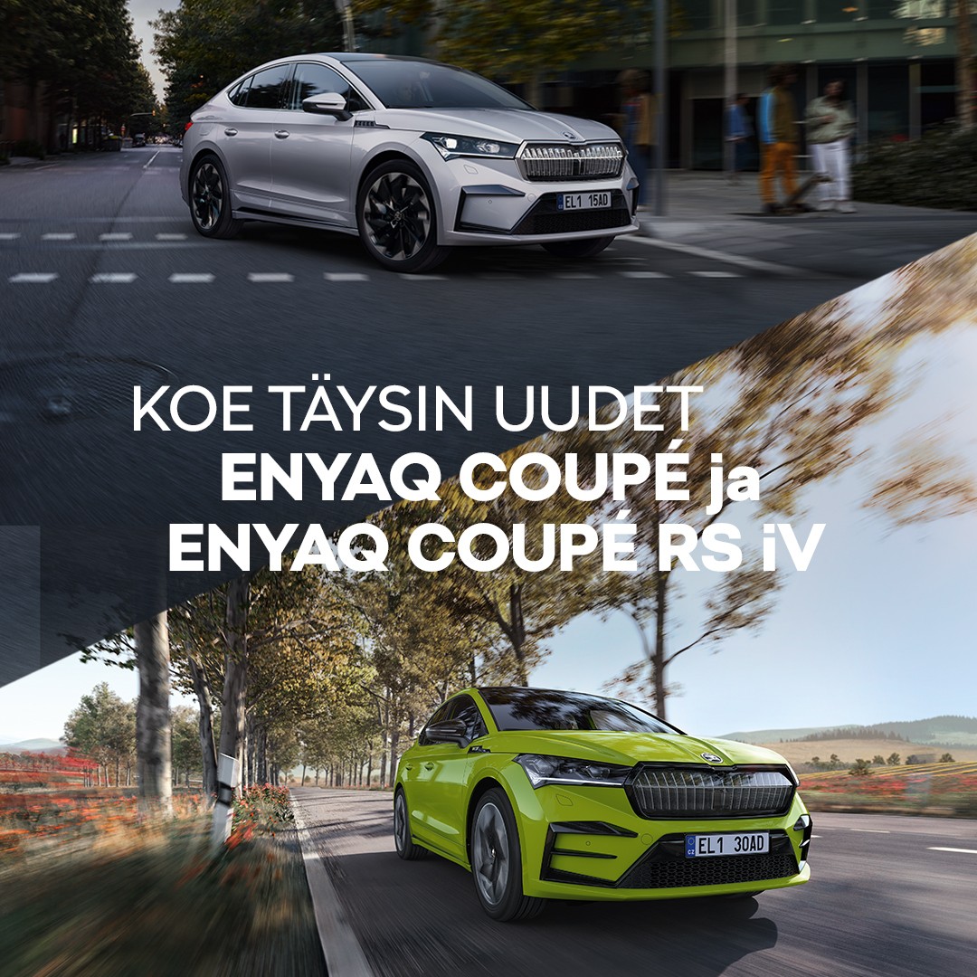 HedinAutomotive's tweet photo. #ŠKODA #ENYAQ #COUPÉ #RoadTour on pian täällä 🏁 Tule kokemaan täysin uudet #täyssähkö'iset ENYAQ COUPÉ iV sekä ENYAQ COUPÉ RS iV -mallit liikkeisiimme ensi maanantaista 24.10. alkaen 🗺️📍 Katso #kiertueaikataulu ja -paikkakunnat: https://t.co/heYSlAxa4L https://t.co/eqNG19H5PB