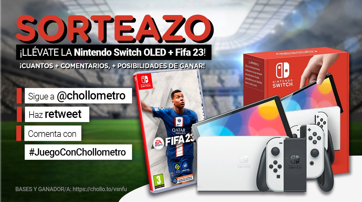 SORTEO DE LOCOS! 😱😱😱

Para participar:
🏃 Sigue a Chollometro
🔁 Haz retweet
✍️ Comenta con #JuegoConChollometro tantas veces como quieras. Cuantas más veces más posibilidades de ganar!

Llévate está Switch con FIFA 23 por la patilla!