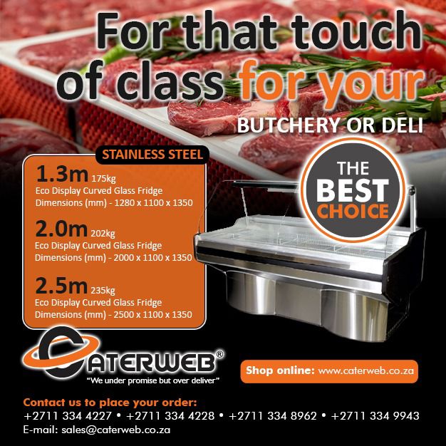 Caterweb's tweet photo. Add a touch of class to your butchery or deli with a Eco Display Curved Glass Fridge. See more online https://t.co/wTbsIgymlq
Visit our showroom at 56 Heidelberg Road, Johannesburg.
Contact us
T: 011 334 4227
E: sales@caterweb.co.za
#butchery #caterweb #deli #ecorange https://t.co/c0Sl9VyxTz