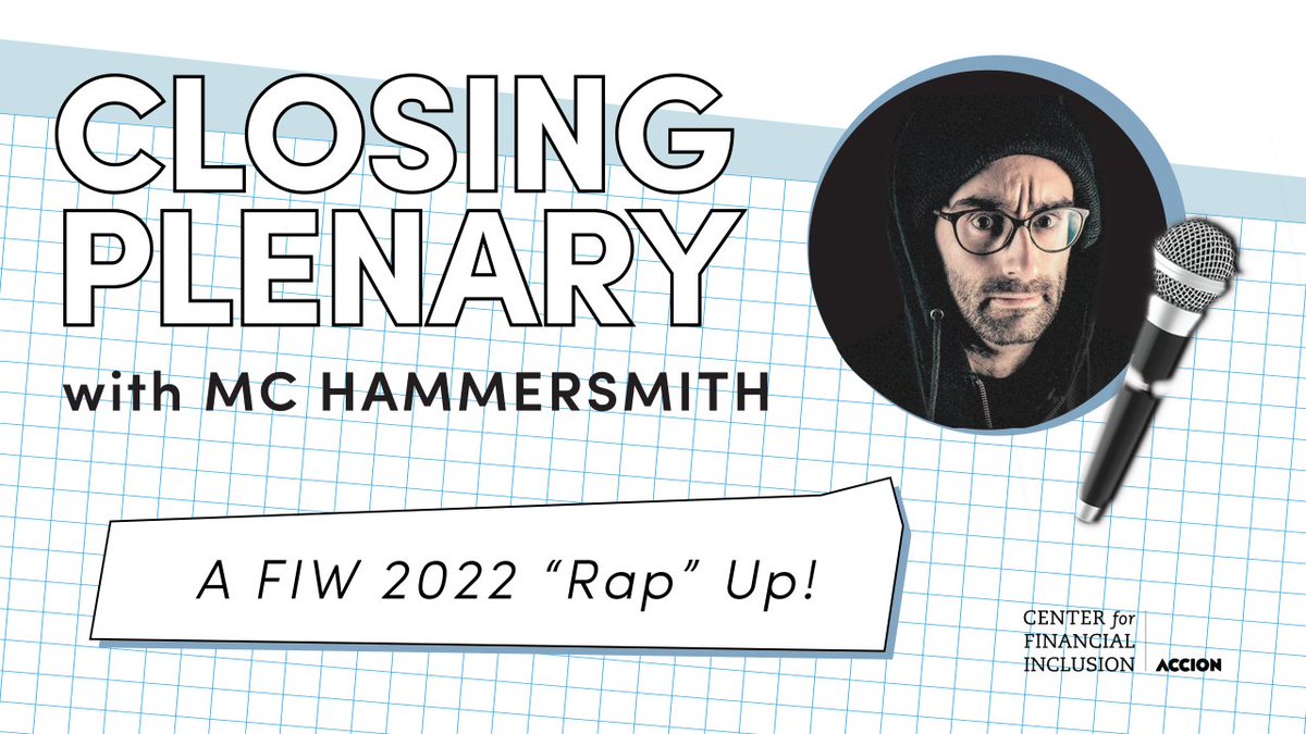 Just when you thought #FinancialInclusionWeek is ending and can't get any better, it does. Don't miss the closing session with 
<a href="/mc_hammersmith/">MC Hammersmith</a> and Mayada El-Zoghbi 
<a href="/CFI_Accion/">Center for Financial Inclusion (CFI)</a> end with insights from the week in a rap format! #FIW2022