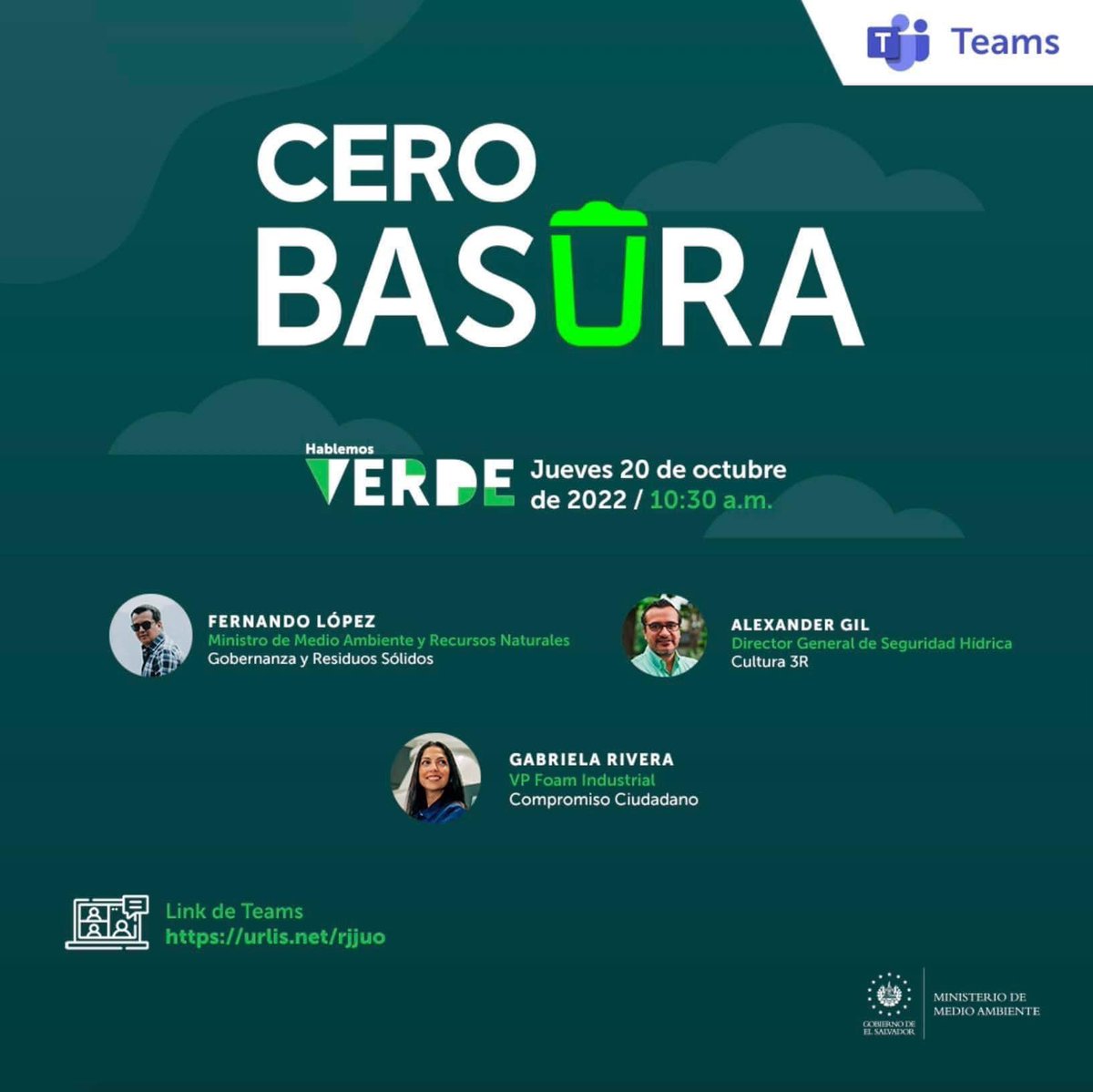 MedioAmbienteSV's tweet photo. ¡Es hoy! ¡Es hoy! ✅♻️

Te invitamos a ser parte de #HablemosVerde edición #CeroBasura, donde tres expertos nos compartirán sus experiencias a través de Teams. 💻

A partir de las 10:30 a.m. ⏰☀️

Puedes participar en el siguiente enlace: 👉🏼https://t.co/TQ72VOcnLr https://t.co/RTvNroNzZd