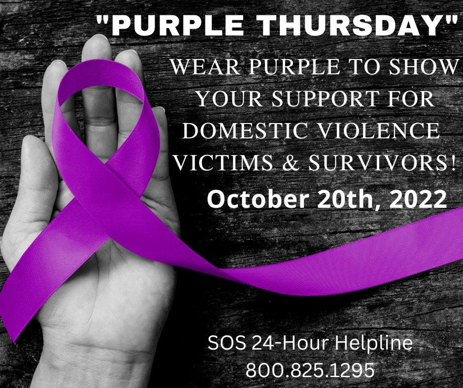 SOSKansas's tweet photo. It's Purple Thursday! Post your purple in support of domestic violence victims &amp; survivors! #soskansas #SOSCANHELP #webelieveyou #domesticviolenceawarenessmonth #purplethursday https://t.co/pl99ENC9Pi