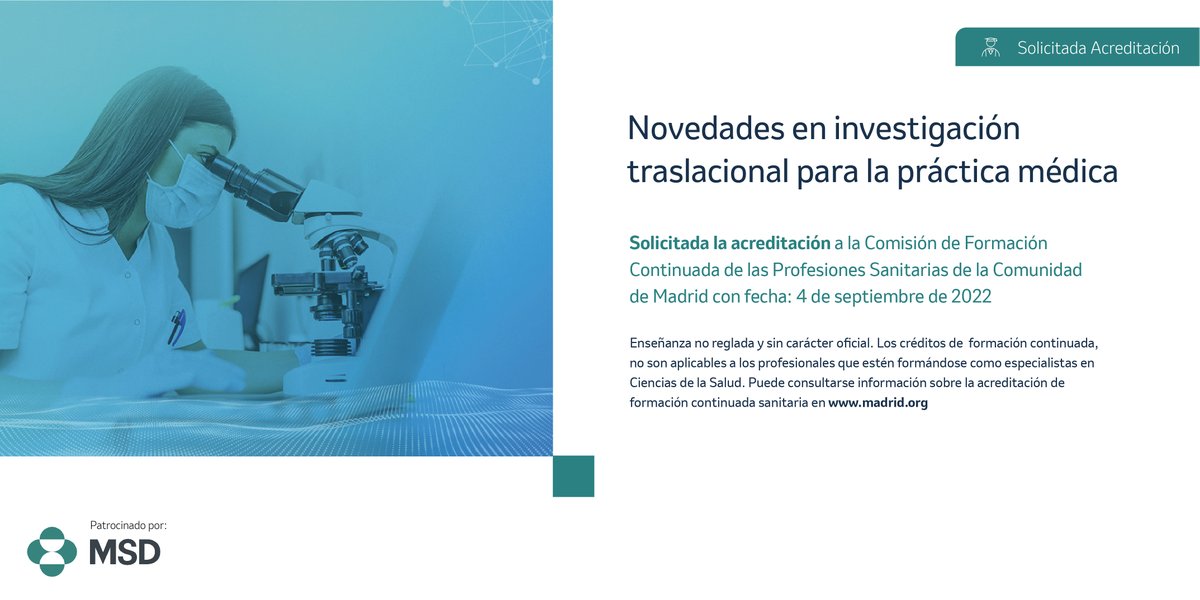 Nuevo curso 📚 de #FormaciónMSD en colaboración con el #HospitalRamónYCajal sobre las novedades en #investigación traslacional 🔬para la práctica en #medicina. 
Acceda en bit.ly/3fWPD0s
👩🏻‍⚕️👨🏽‍⚕️👨🏼‍⚕️👩🏼‍⚕️👩🏽‍⚕️