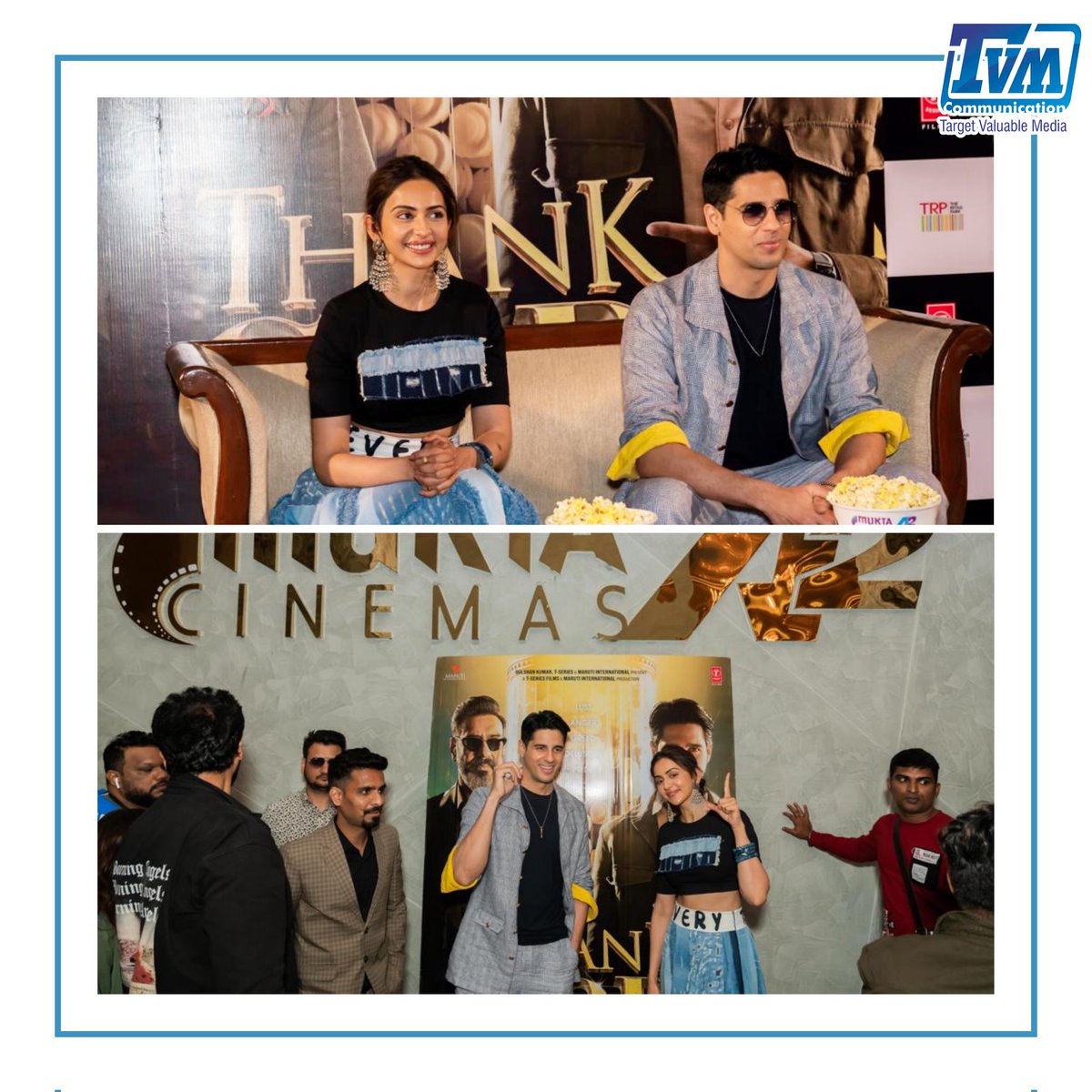 tvmcomm's tweet photo. Sidharth Malhotra , RAKUL PREET SINGH visited the newly opened signature Luxury Mukta A2 Cinemas at TRP Bopal Ahmedabad to promote their upcoming film Thank God releasing on Tuesday, 25th October.
#moviepromotions #movietheatres #tvmcommunication #publicrelations https://t.co/AWERpsxWkN