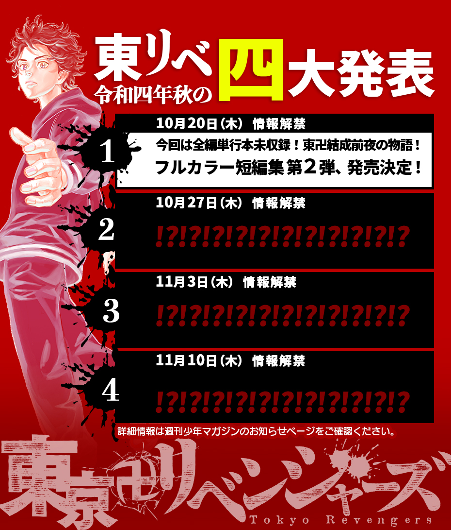 【ご報告】 令和４年秋の『東リベ』四大発表、第１弾情報解禁！！ 今回は全編単行本未収録の東卍結成前夜の物語、フルカラー短編集第二弾が発売決定！！ 詳しくはコチラのページにて！！⇓ shonenmagazine.com/info/entry/202… 自戒の四大発表は１週間後の木曜日 10月27日！ ご期待ください！