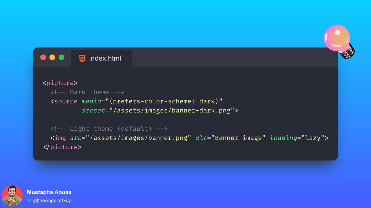 TheAngularGuy's tweet image. HTML tip 🚨

How to display different pictures in dark mode? 👇

Follow this link to learn more 🔗 dev.to/mustapha/respo…