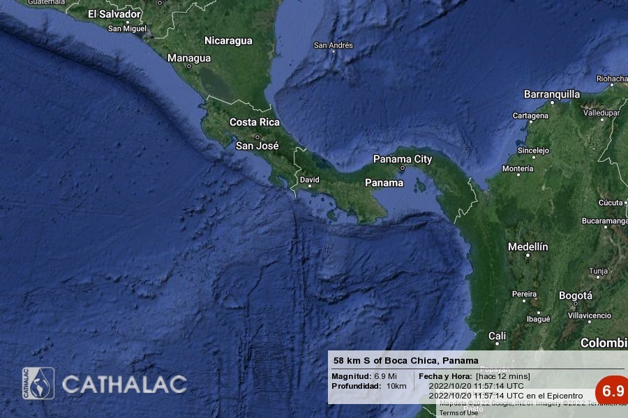servir_cathalac's tweet photo. Sismo magnitud 6.9: 58 km S de Boca Chica, Panama. 20 de Octubre, 11:57UTC, profundidad: 10km. Intensidad reportada IV

 - https://t.co/WjTeqExjbM #sismos #terremotos #earthquakes #alertasismica https://t.co/Gua2gUmKqy