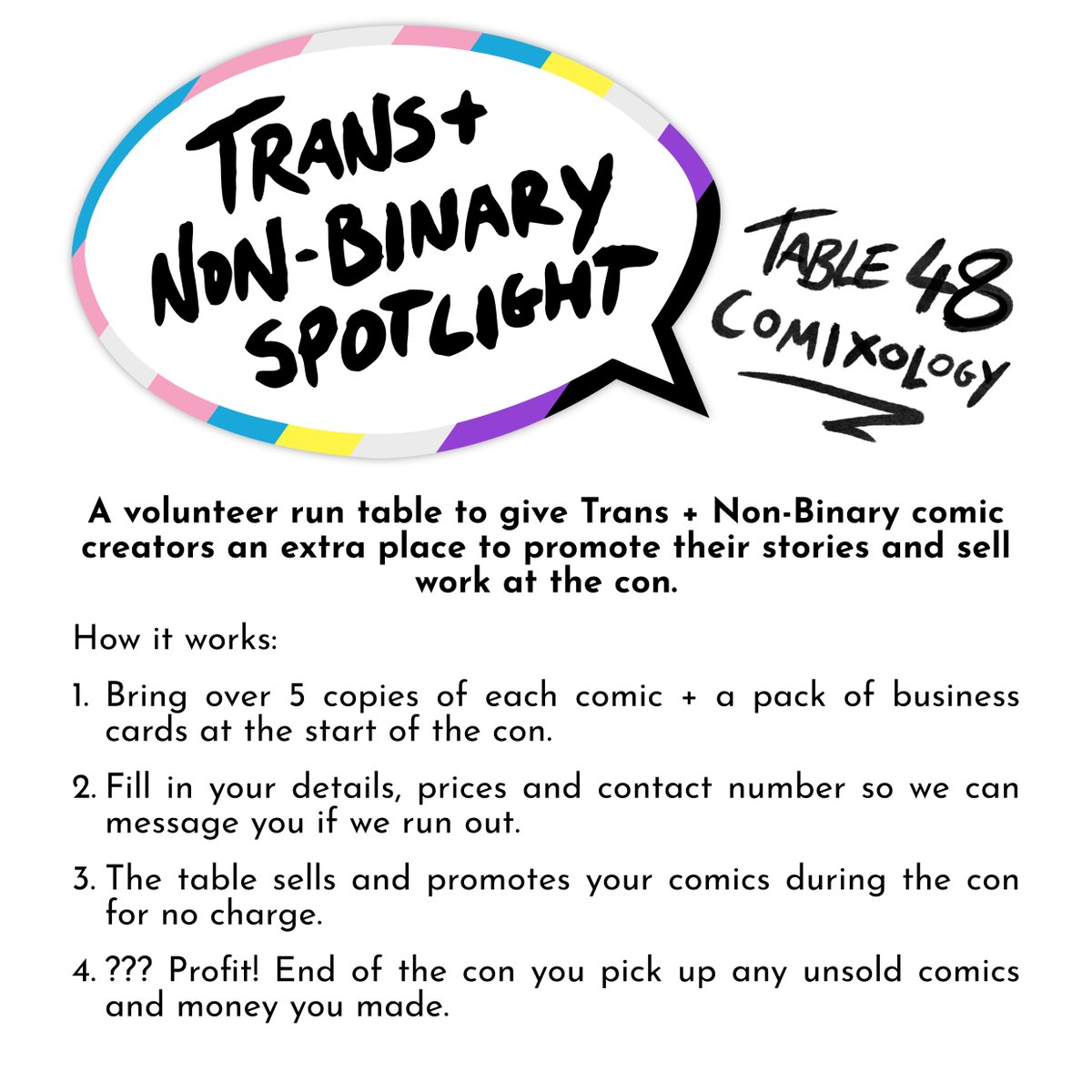TabKimpton's tweet photo. Last year we raised over £500 for creators at the @ThoughtBubbleUK Trans + Non-Binary Spotlight table and YEP it's back!!! 

Table 48 in Comixology this year, please retweet to get the word out~ https://t.co/JtSMUSYul6