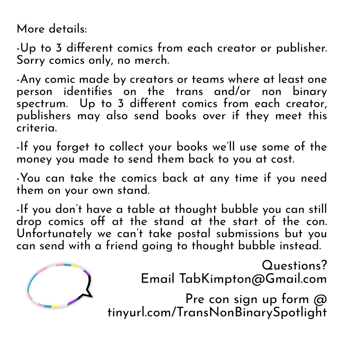 Last year we raised over £500 for creators at the <a href="/ThoughtBubbleUK/">Thought Bubble Festival</a> Trans + Non-Binary Spotlight table and YEP it's back!!! 

Table 48 in Comixology this year, please retweet to get the word out~